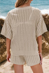 Knit Crochet Eyelets Short Sleeve Top and Shorts Set