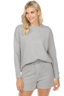  Gray Textured Long Sleeve Top And Drawstring Shorts Set
