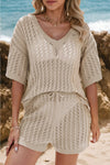 Knit Crochet Eyelets Short Sleeve Top and Shorts Set