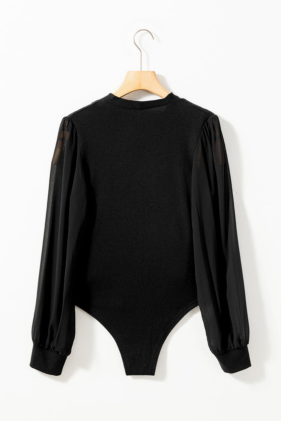 Solid Color V Neck Wrap Mesh Sleeves Bodysuit