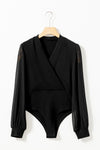 Solid Color V Neck Wrap Mesh Sleeves Bodysuit