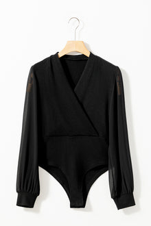  Solid Color V Neck Wrap Mesh Sleeves Bodysuit