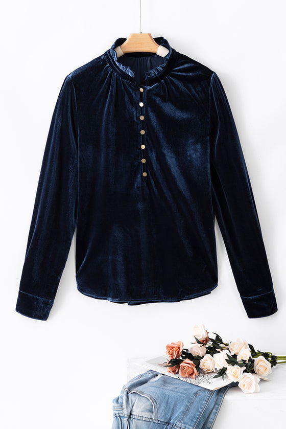 Frilled Neck Buttoned Front Velvet Top