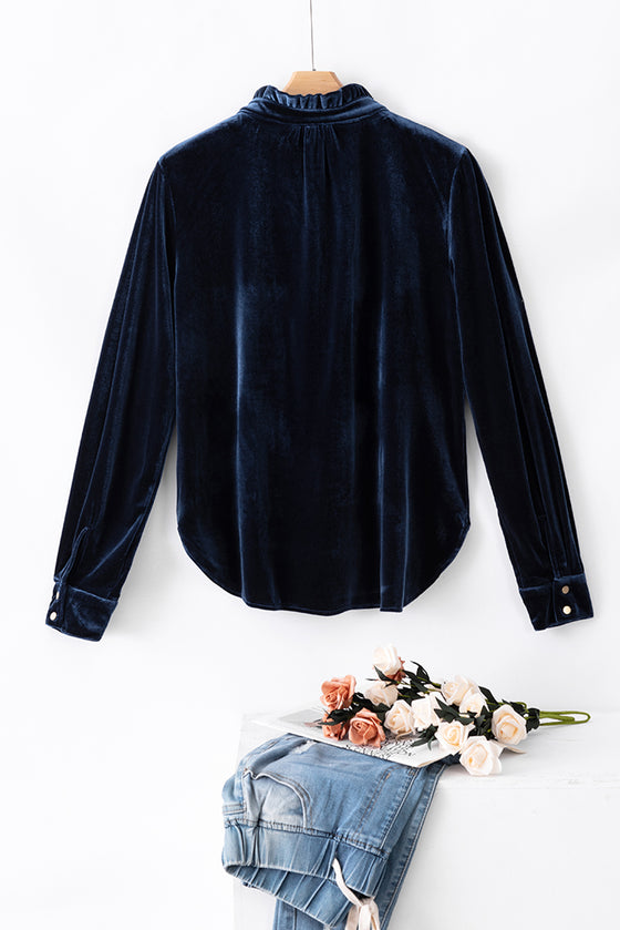 Frilled Neck Buttoned Front Velvet Top