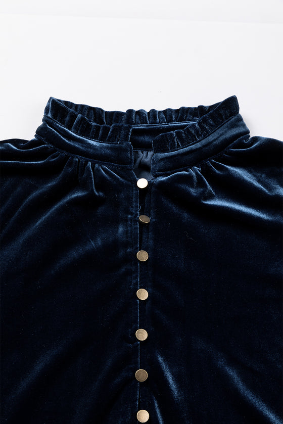 Frilled Neck Buttoned Front Velvet Top