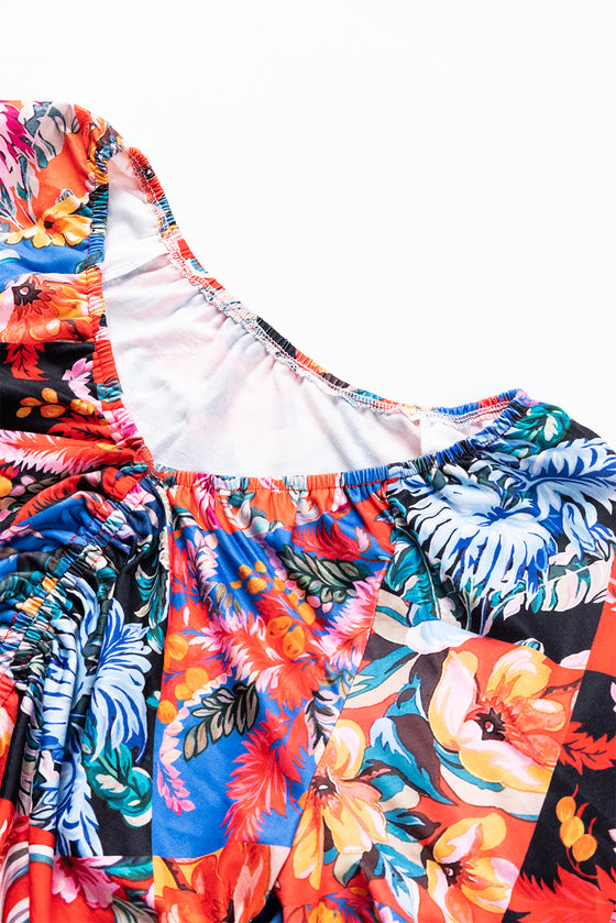 Floral Print Puff Sleeve Ruched V Neck Blouse