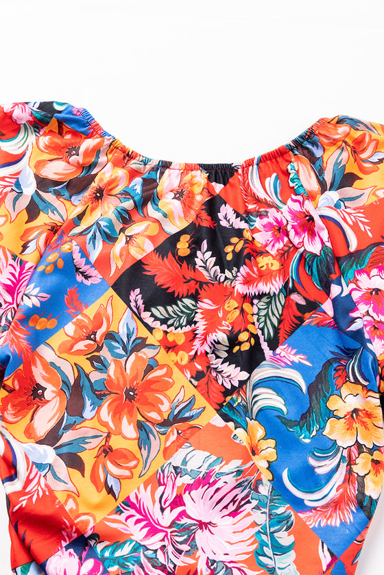 Floral Print Puff Sleeve Ruched V Neck Blouse