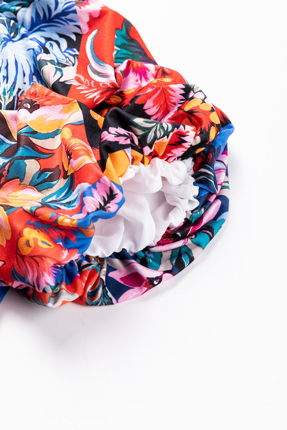 Floral Print Puff Sleeve Ruched V Neck Blouse