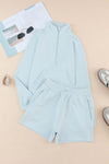Sky Blue Solid Half Zip Pocketed Sweatshirt And Shorts Sports Set