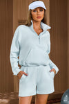 Sky Blue Solid Half Zip Pocketed Sweatshirt And Shorts Sports Set