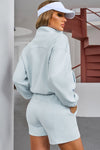 Sky Blue Solid Half Zip Pocketed Sweatshirt And Shorts Sports Set