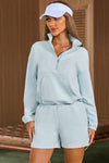 Sky Blue Solid Half Zip Pocketed Sweatshirt And Shorts Sports Set