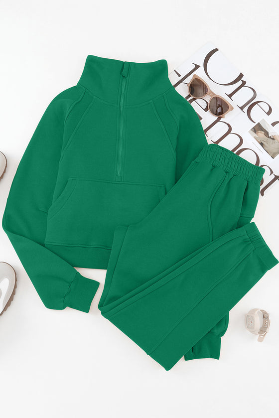 Green Half Zip Sweatshirt And Sweatpants Sports Set
