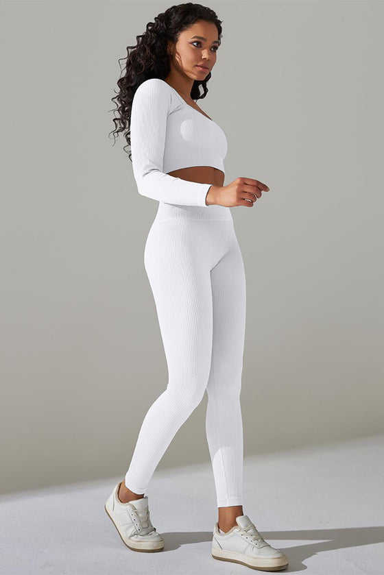 Ribbed Long Sleeve Strappy Square Neck 2pcs Yoga Set