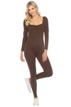 LC2631156-17-S, LC2631156-17-M, LC2631156-17-L, PACK2631156-17-1, Brown  Ruched Square Neck Long Sleeve Sports Jumpsuit
