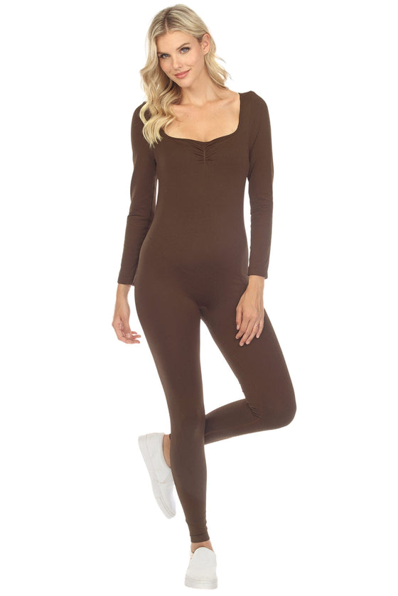 LC2631156-17-S, LC2631156-17-M, LC2631156-17-L, PACK2631156-17-1, Brown  Ruched Square Neck Long Sleeve Sports Jumpsuit