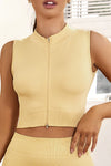 Khaki Solid Color Zip Up Sleeveless Active Crop Top