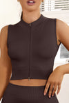 Brown Solid Color Zip Up Sleeveless Active Crop Top