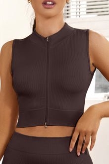  Brown Solid Color Zip Up Sleeveless Active Crop Top