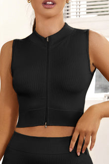  Black Solid Color Zip Up Sleeveless Active Crop Top