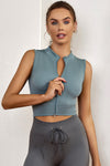 Blue Solid Color Zip Up Sleeveless Active Crop Top