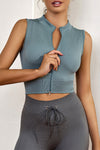 Blue Solid Color Zip Up Sleeveless Active Crop Top