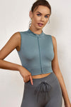Blue Solid Color Zip Up Sleeveless Active Crop Top