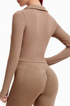 Camel Solid Color Ribbed Long Sleeve Sports Yoga Crop Top