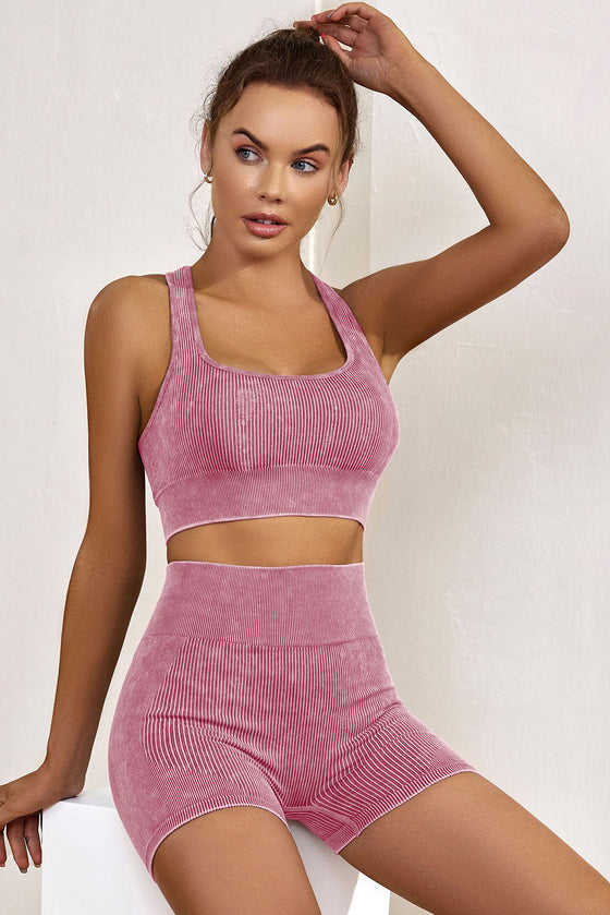 Pink Seamless Ribbed Knit Butt Lifter Yoga Shorts