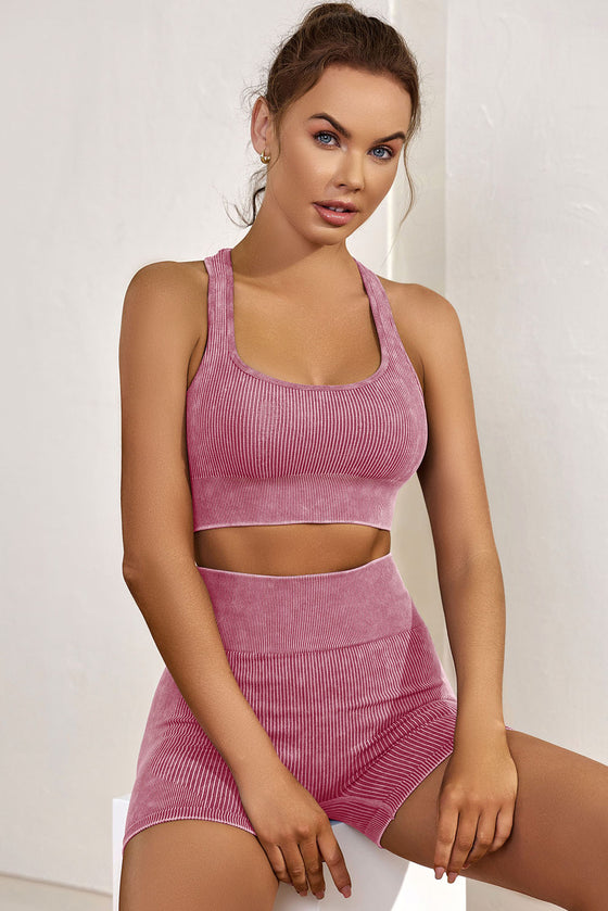 Pink Seamless Ribbed Knit Butt Lifter Yoga Shorts