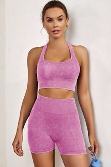  Red Seamless Ribbed Knit Butt Lifter Yoga Shorts