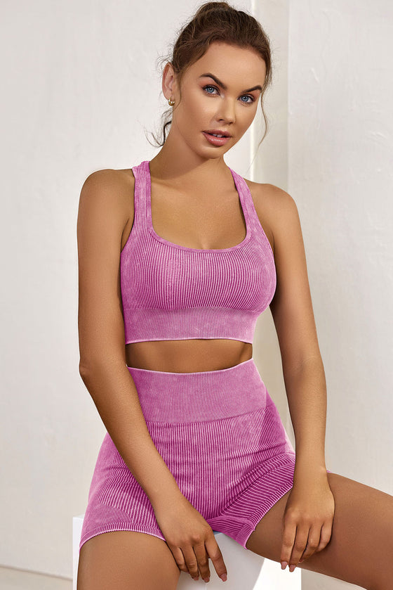 Red Seamless Ribbed Knit Butt Lifter Yoga Shorts