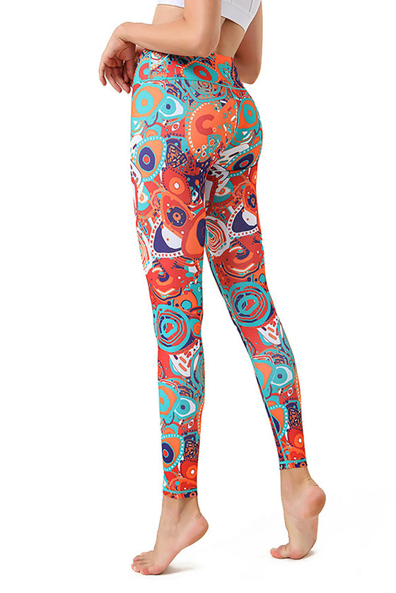 Orange Printed High Waist Tummy Control Active Leggings
