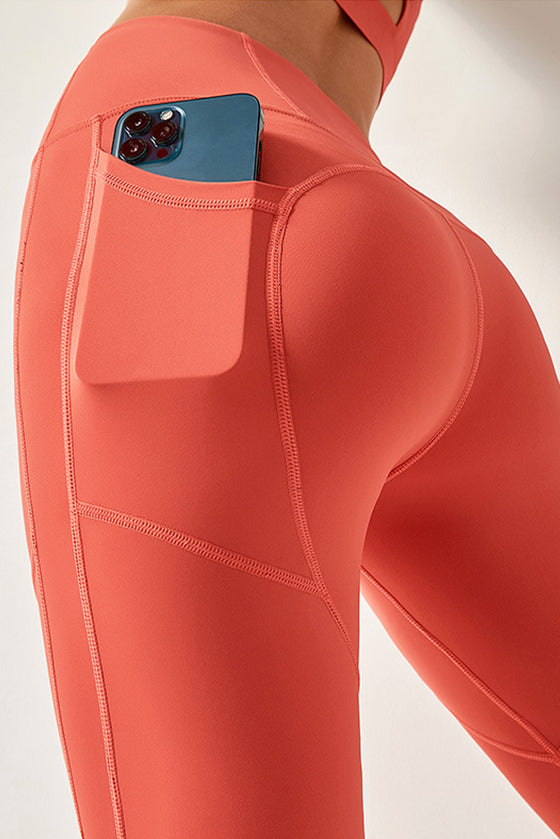 Orange Seamed High Waist Active Leggings With Pockets