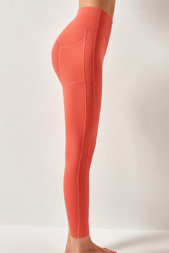 Orange Seamed High Waist Active Leggings With Pockets