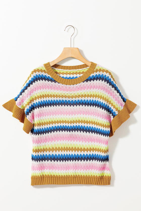 Trimmed Ruffle Sleeve Colorful Textured Sweater