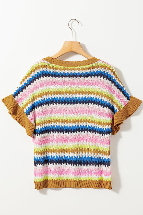 Trimmed Ruffle Sleeve Colorful Textured Sweater