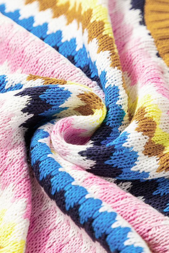 Trimmed Ruffle Sleeve Colorful Textured Sweater