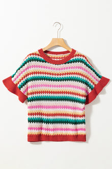  Trimmed Ruffle Sleeve Colorful Textured Sweater