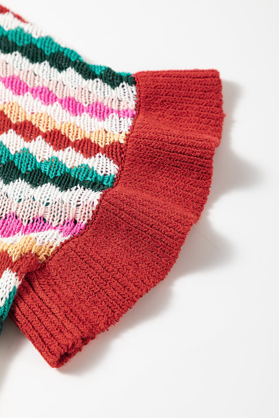 Trimmed Ruffle Sleeve Colorful Textured Sweater