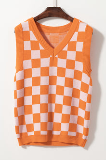  Checkered V Neck Knitted Sweater Vest