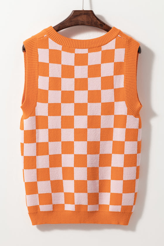 Checkered V Neck Knitted Sweater Vest
