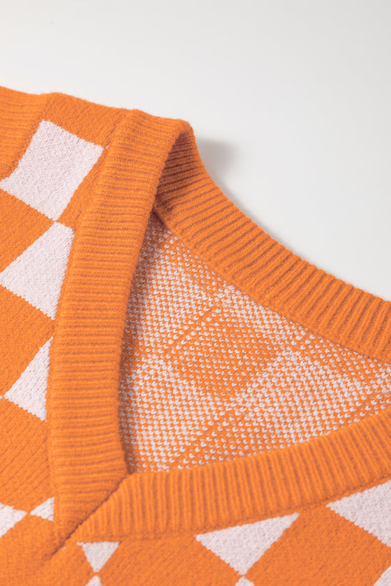 Checkered V Neck Knitted Sweater Vest