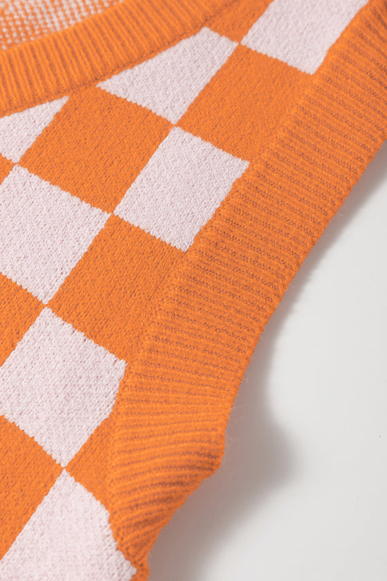 Checkered V Neck Knitted Sweater Vest