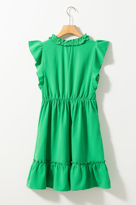 Split V Neck Elastic Waist Ruffled Dress