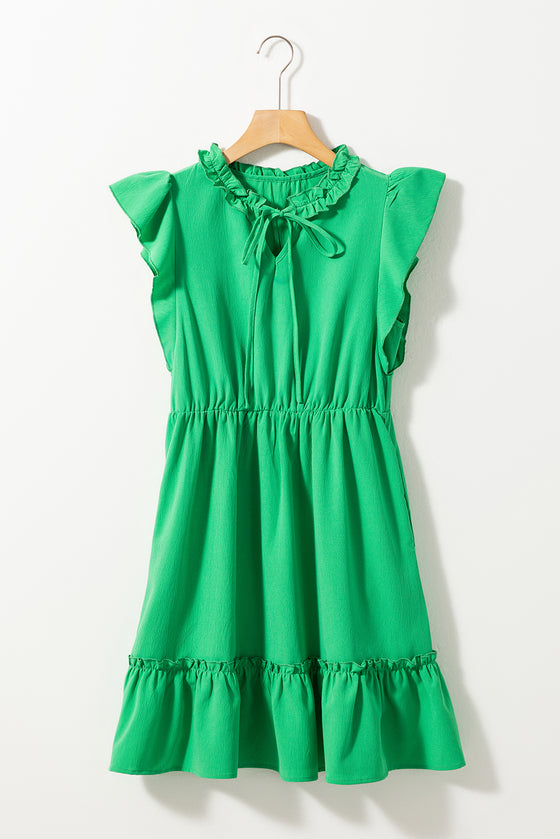 Split V Neck Elastic Waist Ruffled Dress