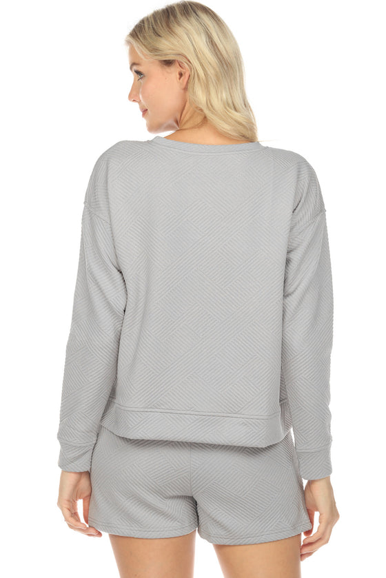 Gray Textured Long Sleeve Top And Drawstring Shorts Set
