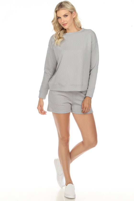 Gray Textured Long Sleeve Top And Drawstring Shorts Set