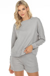 Gray Textured Long Sleeve Top And Drawstring Shorts Set