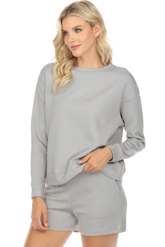 Gray Textured Long Sleeve Top And Drawstring Shorts Set